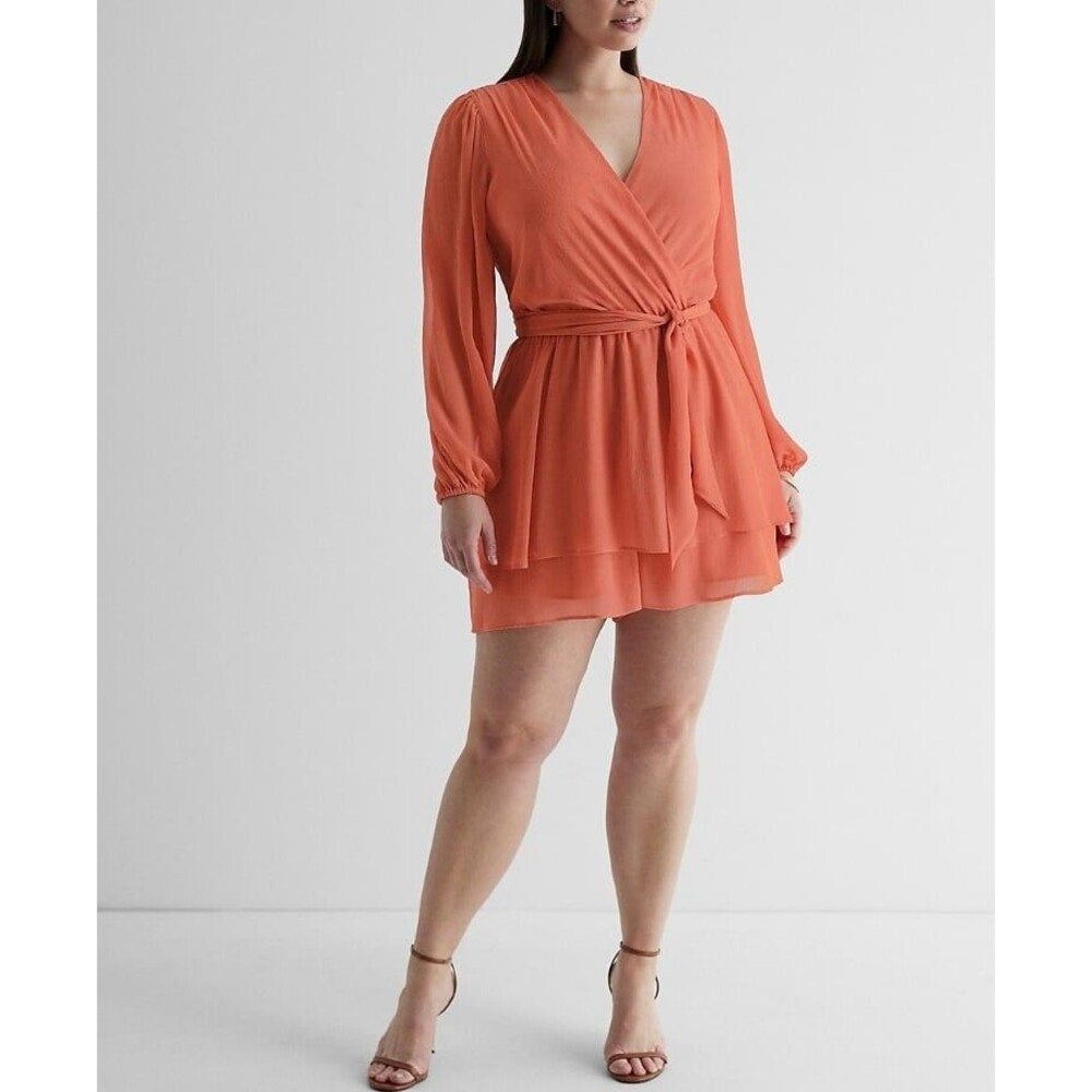 Express women’s size large Tie Waist Ruffle Romper in melon corral color